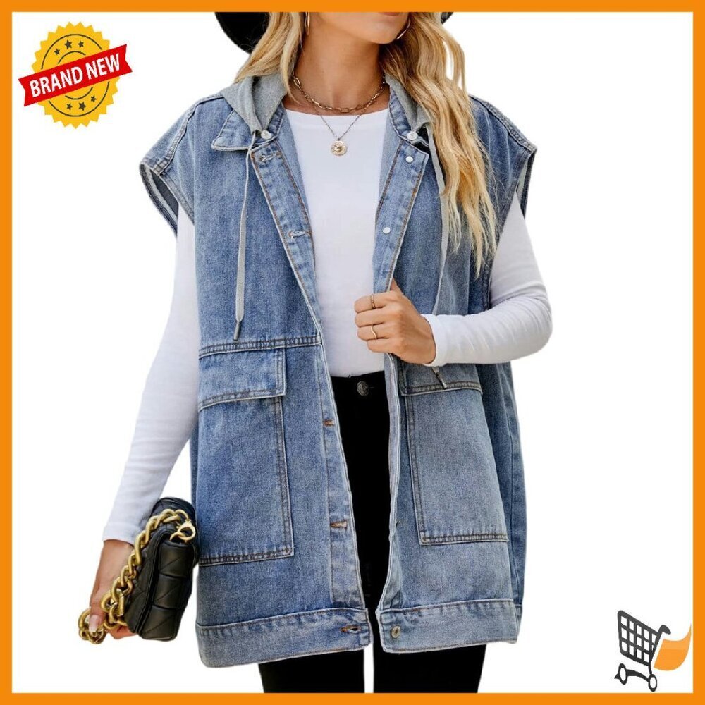 Oversized Denim Vest Sleeveless Jacket Distressed Cotton Mid-Long